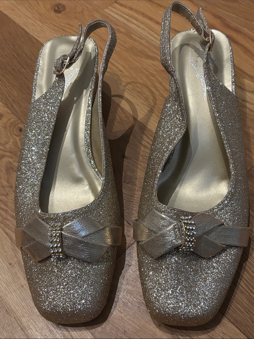 Enzo Romeo Jazzy 01 Gold Glitter Slingback Pumps Low Block Heel Shoes 8.5W